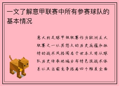 一文了解意甲联赛中所有参赛球队的基本情况