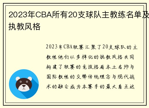 2023年CBA所有20支球队主教练名单及执教风格